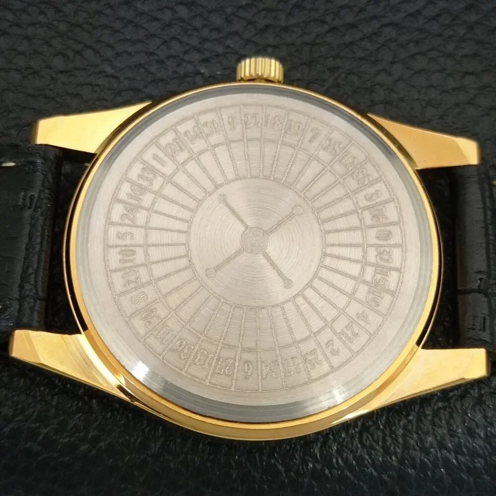 Vintage 1973 Roulette Manual Mens Gold Watch W/Leather Strap & Yellow accents